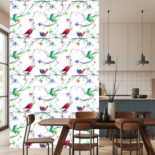 Behang Kleurrijke Vogels Op Een Gekleurde Achtergrond - Afbeelding 4