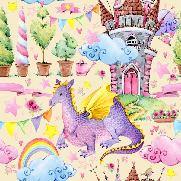 Behang Voor Kinderen, Draken, Wolken, Regenboog, Sterren - Afbeelding 2