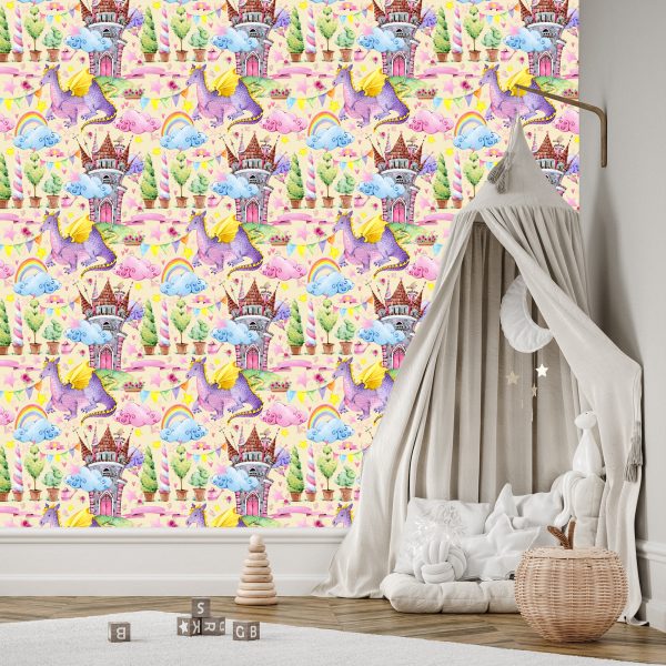 Behang Voor Kinderen, Draken, Wolken, Regenboog, Sterren - Afbeelding 3