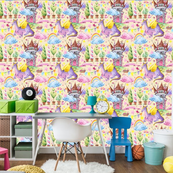 Behang Voor Kinderen, Draken, Wolken, Regenboog, Sterren - Afbeelding 4