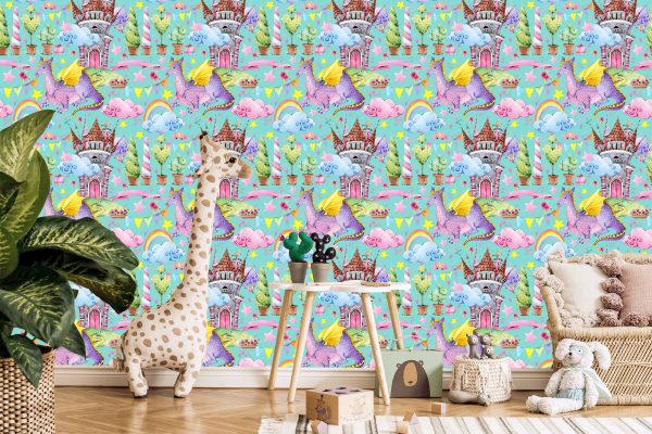 Behang Sprookjesachtige Draken Regenboogbloemen Kinderkamer - Afbeelding 5