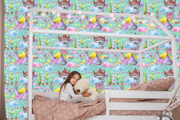 Behang Sprookjesachtige Draken Regenboogbloemen Kinderkamer - Afbeelding 7