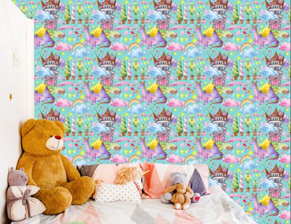 Behang Sprookjesachtige Draken Regenboogbloemen Kinderkamer - Afbeelding 6
