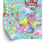 Behang Sprookjesachtige Draken Regenboogbloemen Kinderkamer