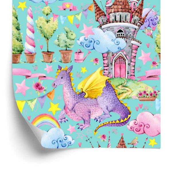 Behang Sprookjesachtige Draken Regenboogbloemen Kinderkamer