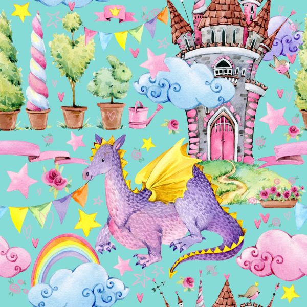 Behang Sprookjesachtige Draken Regenboogbloemen Kinderkamer - Afbeelding 2
