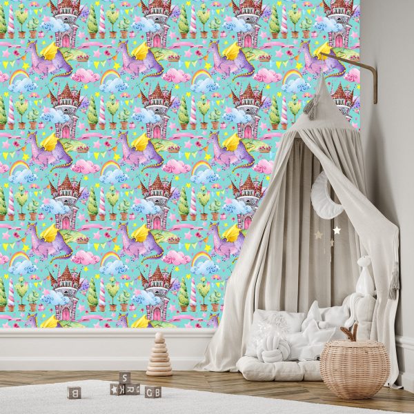 Behang Sprookjesachtige Draken Regenboogbloemen Kinderkamer - Afbeelding 3