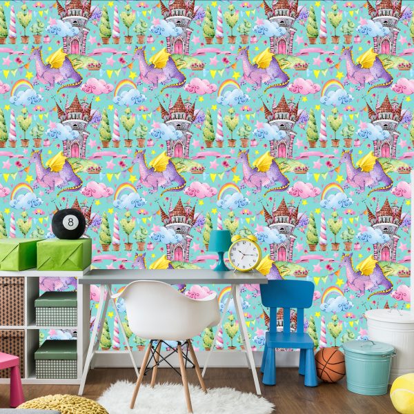 Behang Sprookjesachtige Draken Regenboogbloemen Kinderkamer - Afbeelding 4