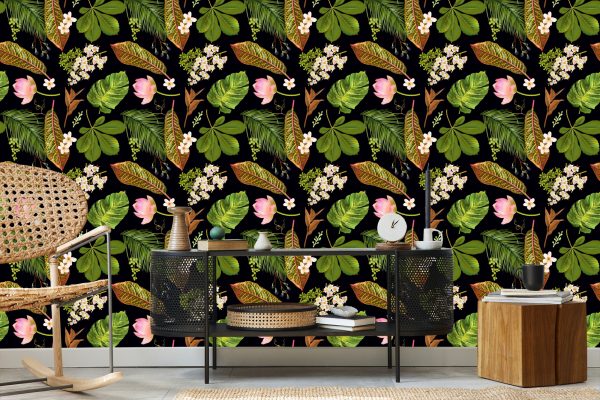 Behang Tropische Bloemen Tussen Bladeren - Afbeelding 5