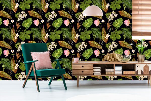 Behang Tropische Bloemen Tussen Bladeren - Afbeelding 6