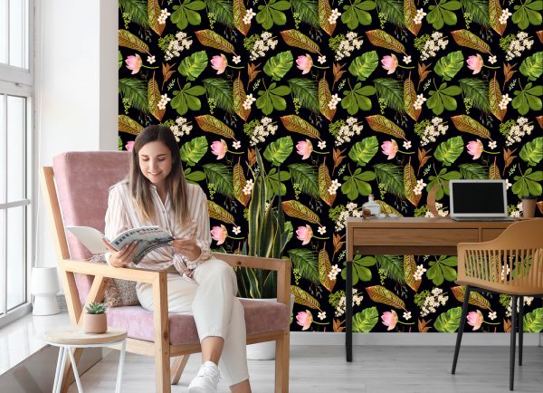 Behang Tropische Bloemen Tussen Bladeren - Afbeelding 7