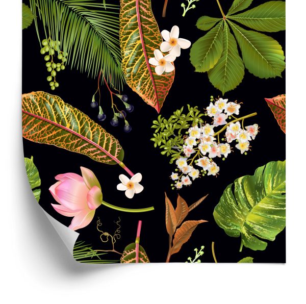 Behang Tropische Bloemen Tussen Bladeren