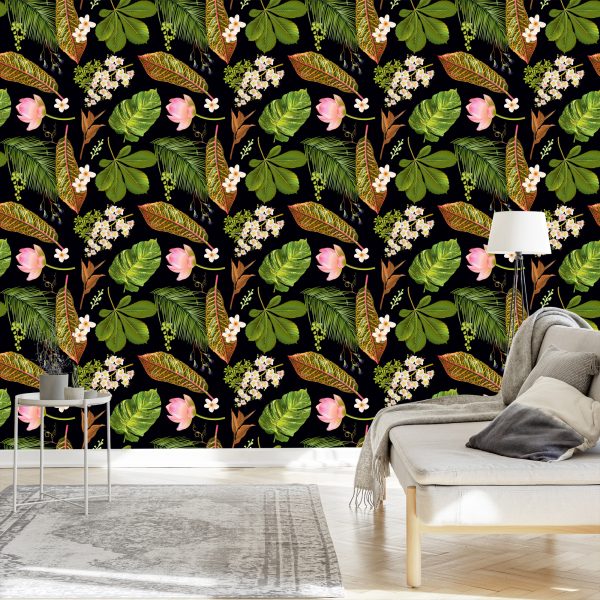 Behang Tropische Bloemen Tussen Bladeren - Afbeelding 3