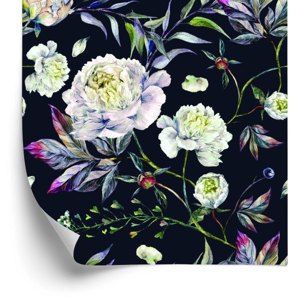 Behang Bloemen Pioenrozen Bladeren Vintage Stijl