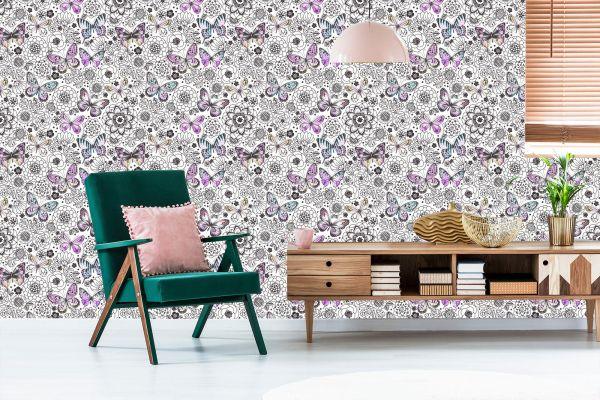 Behang Voor Babykamer Vlinders, Bloemen, Bladeren - Afbeelding 6