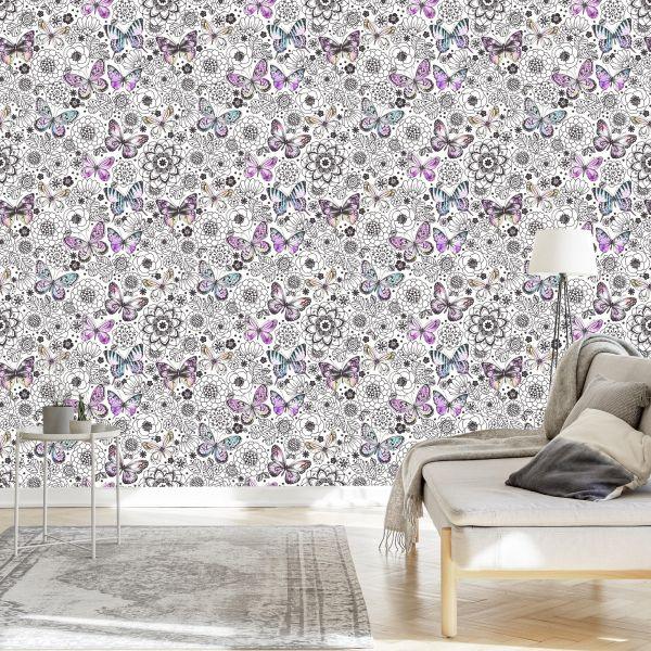 Behang Voor Babykamer Vlinders, Bloemen, Bladeren - Afbeelding 3