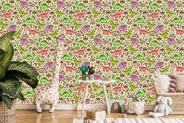 Behang Voor Kinderen, Dinosaurussen, Bloemen, Cactussen - Afbeelding 5