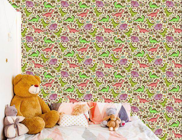 Behang Voor Kinderen, Dinosaurussen, Bloemen, Cactussen - Afbeelding 6