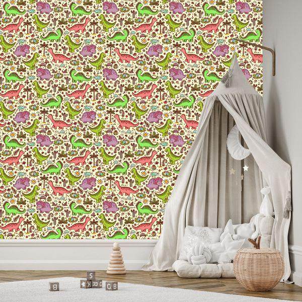 Behang Voor Kinderen, Dinosaurussen, Bloemen, Cactussen - Afbeelding 3