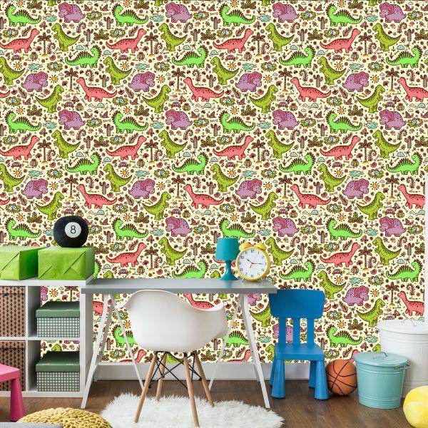 Behang Voor Kinderen, Dinosaurussen, Bloemen, Cactussen - Afbeelding 4
