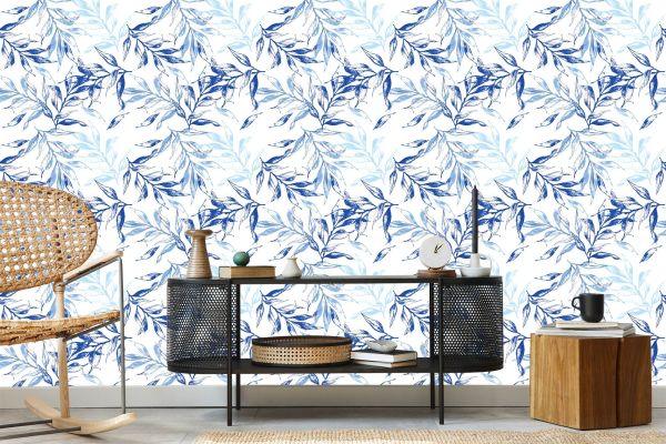 Behang Voor De Woonkamer, Delicaat Blauw Bladdecor - Afbeelding 5