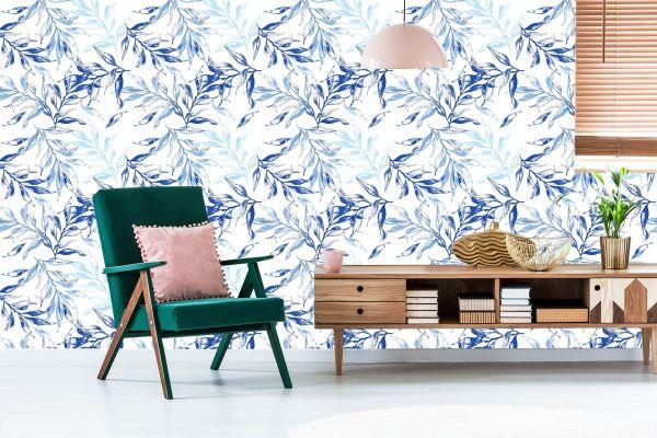 Behang Voor De Woonkamer, Delicaat Blauw Bladdecor - Afbeelding 6