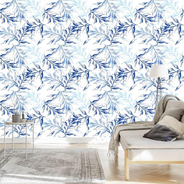 Behang Voor De Woonkamer, Delicaat Blauw Bladdecor - Afbeelding 3