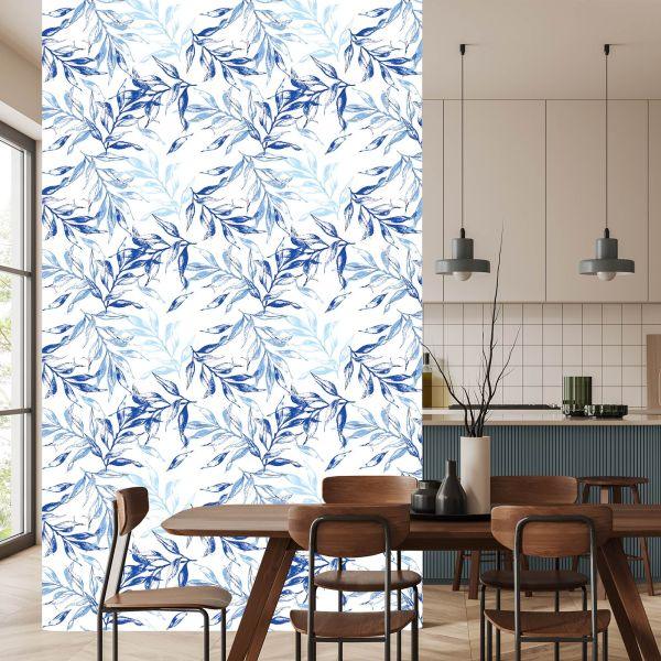 Behang Voor De Woonkamer, Delicaat Blauw Bladdecor - Afbeelding 4