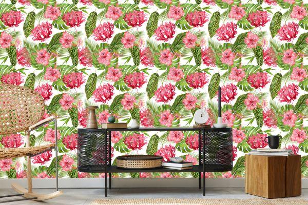 Behang Roze Bloemen Tussen De Bladeren - Afbeelding 5