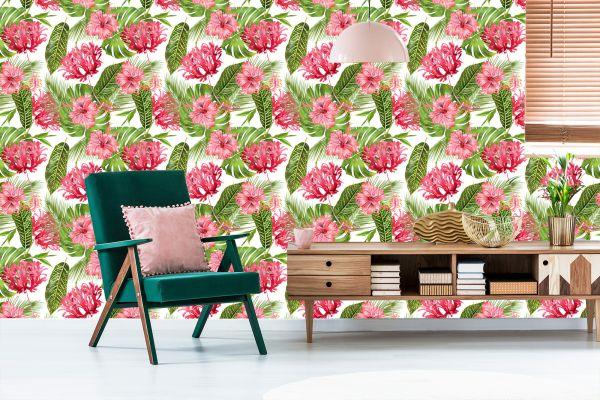 Behang Roze Bloemen Tussen De Bladeren - Afbeelding 6