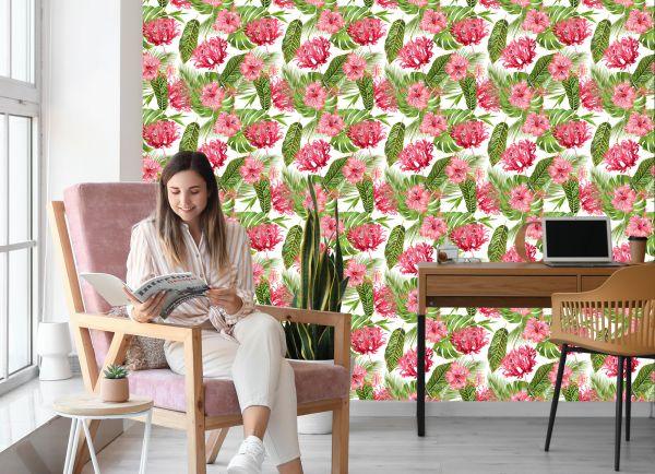 Behang Roze Bloemen Tussen De Bladeren - Afbeelding 7