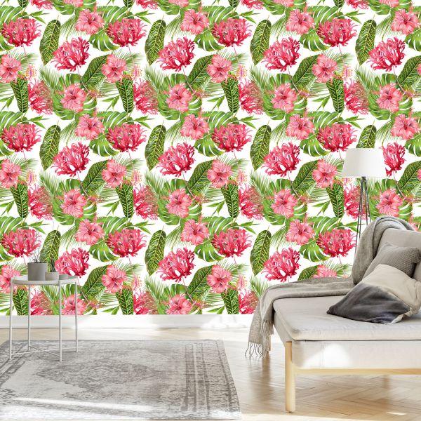 Behang Roze Bloemen Tussen De Bladeren - Afbeelding 3