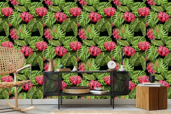 Behang Tropische Bloemen In Bladeren - Afbeelding 5