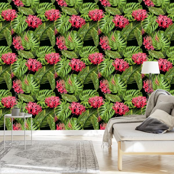Behang Tropische Bloemen In Bladeren - Afbeelding 3