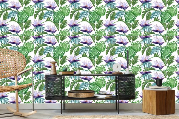 Behang Violette Bloemen Met Bladeren - Afbeelding 5