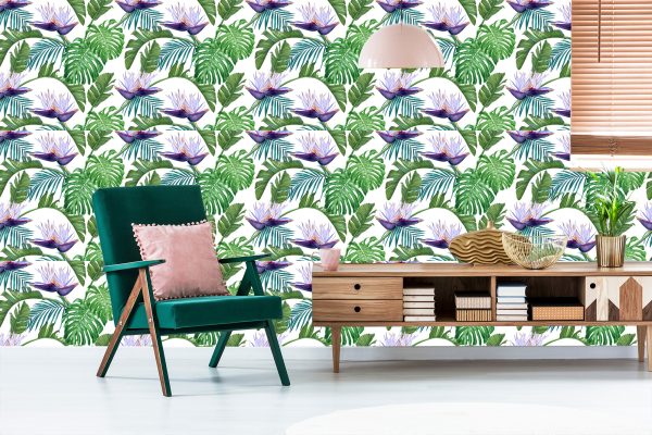 Behang Violette Bloemen Met Bladeren - Afbeelding 6