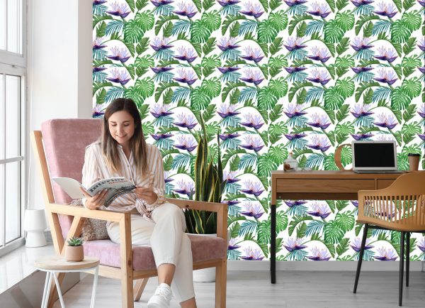 Behang Violette Bloemen Met Bladeren - Afbeelding 7