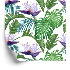 Behang Violette Bloemen Met Bladeren
