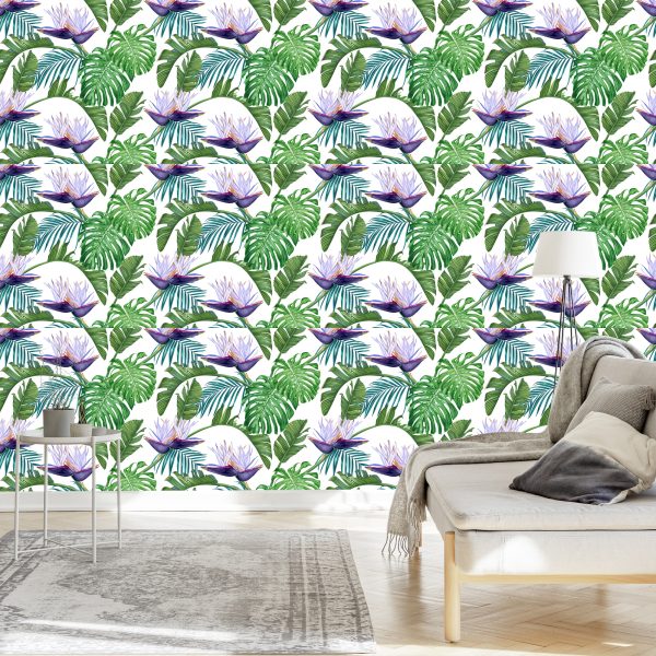 Behang Violette Bloemen Met Bladeren - Afbeelding 3