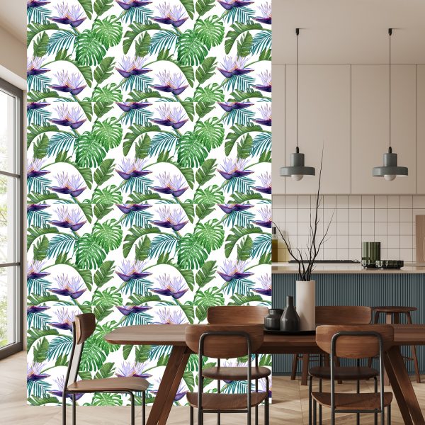 Behang Violette Bloemen Met Bladeren - Afbeelding 4