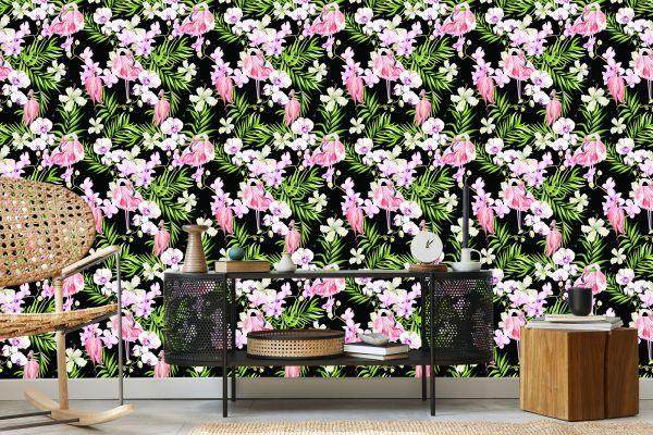 Behang Voor In De Woonkamer Flamingo's Bloemen Bladeren Groen - Afbeelding 5