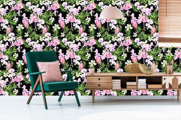 Behang Voor In De Woonkamer Flamingo's Bloemen Bladeren Groen - Afbeelding 6