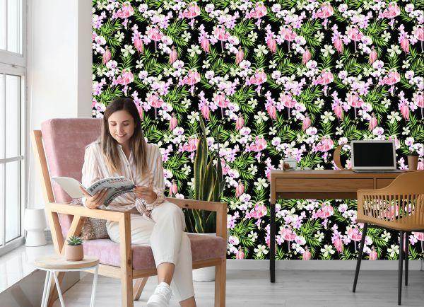 Behang Voor In De Woonkamer Flamingo's Bloemen Bladeren Groen - Afbeelding 7