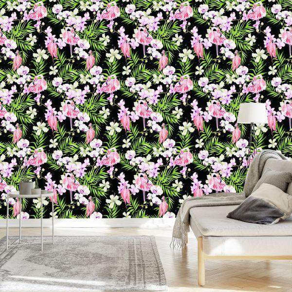 Behang Voor In De Woonkamer Flamingo's Bloemen Bladeren Groen - Afbeelding 3