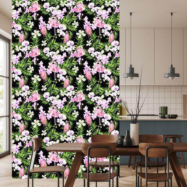 Behang Voor In De Woonkamer Flamingo's Bloemen Bladeren Groen - Afbeelding 4