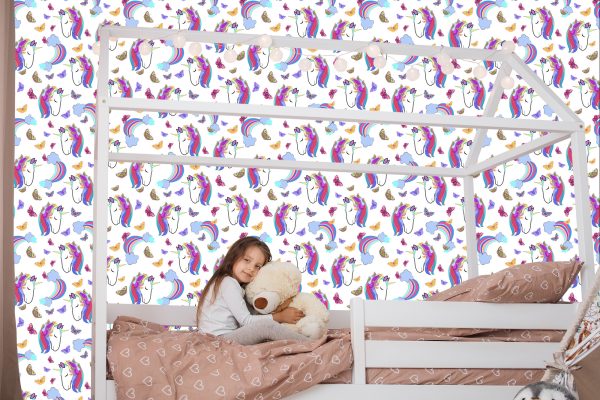 Behang Voor Meisjes Kleurrijke Vlinders Eenhoorns - Afbeelding 7