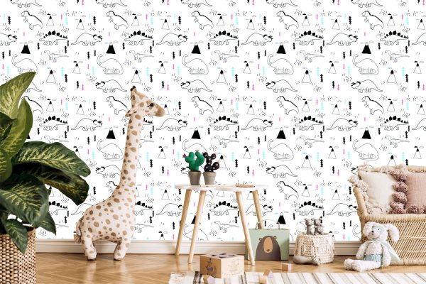 Behang Voor Kinderen, Dinosaurussen, Wolken, Bomen - Afbeelding 5