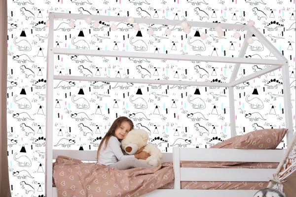 Behang Voor Kinderen, Dinosaurussen, Wolken, Bomen - Afbeelding 7