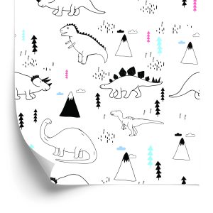 Behang Voor Kinderen, Dinosaurussen, Wolken, Bomen