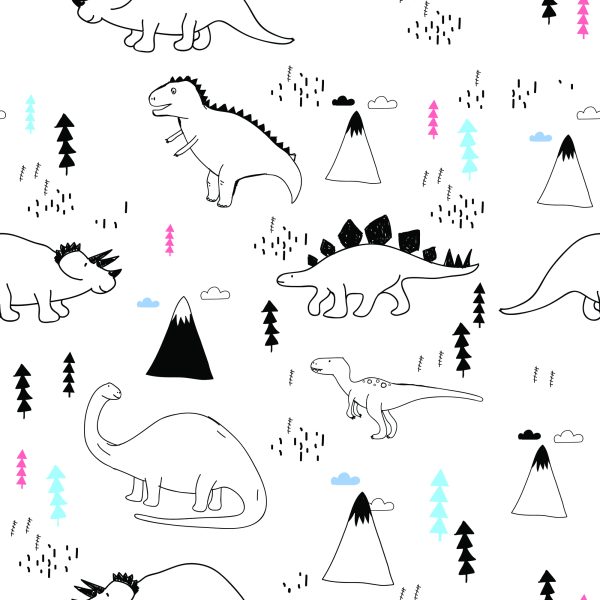 Behang Voor Kinderen, Dinosaurussen, Wolken, Bomen - Afbeelding 2